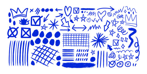 Blue hand drawn crayon doodles, scribbles and note elements on Transparent Background. Hand drawn crayon or doodle design. © sotejarts
