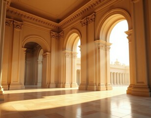 Obraz premium Grand empty hall with beige walls and classic architecture. Sunlight streams through arches creating patterns on floor. Elegant columns support ornate ceiling in sunlit palace interior.