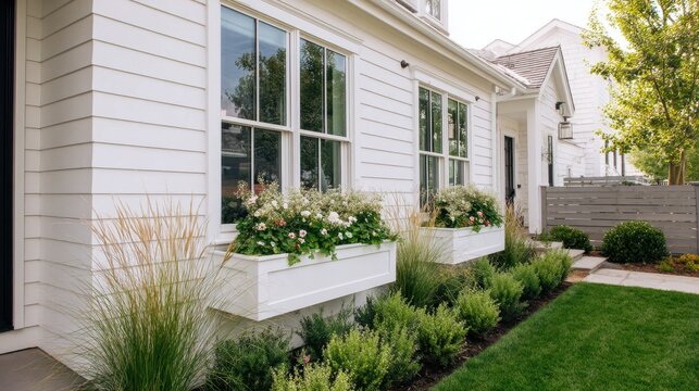 Beautiful modern white house exterior with window boxes filled with flowers and green plants