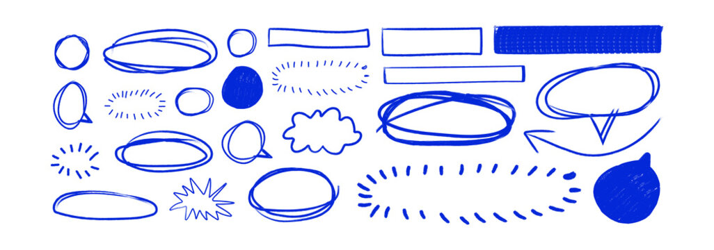 Blue pen text boxes and shapes collection on Transparent Background. Blue ball pen ovals, rectangles and starburst doodles. Crayon drawn note speech bubbles and shapes for text.