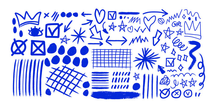 Blue hand drawn crayon doodles, scribbles and note elements on Transparent Background. Hand drawn crayon or doodle design.