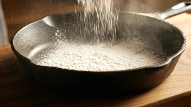 White flour being sifted into a seasoned cast iron skillet on a wooden surface, ideal for cooking, baking, and culinary lifestyle content.
