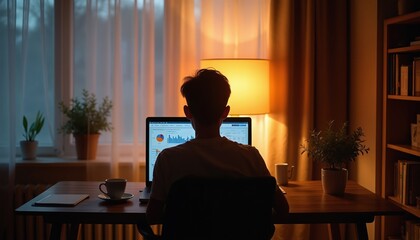 Fototapeta premium Man works on laptop at desk in home office. Person analyzes financial charts and graphs on computer screen. Warm lamp light illuminates workspace in evening.