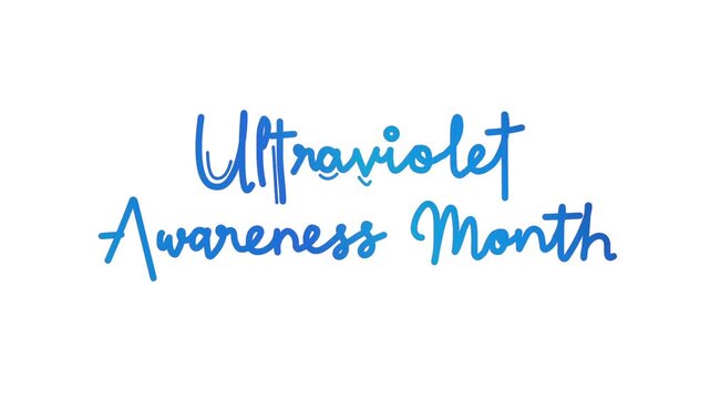 Ultraviolet awareness month One line continuous animated typography intro outro animation video, hand drawn calligraphy lettering monoline vintage text on background, hand drawing blue type on white b