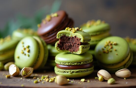 Pistachio chocolate macaroons piled on wooden surface with whole nuts and crumbs. One macaron is bitten showing rich ganache filling. Green and brown sweets.
