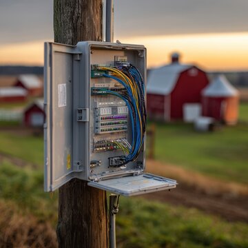 Rural electrical junction box with open door and colorful wires attached to wooden pole with red barns in background at sunset