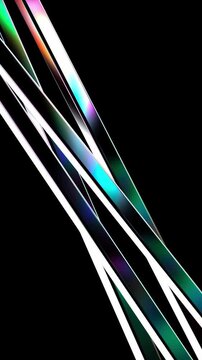 Complex geometric light rays intersecting in a vertical layout with rainbow diffraction and sharp metallic edges symbolizing advanced quantum computing and digital flow