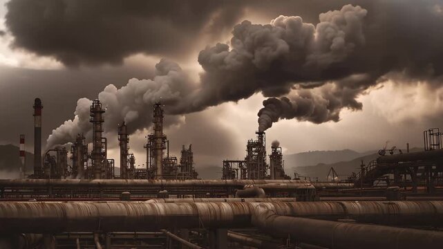 Smoke rises from chimney stacks in an industrial area during a cloudy day near a city