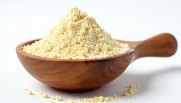 Xanthan gum powder in wooden spoon. Fine yellow ingredient for baking and cooking. Gluten-free food additive for thickening and stabilizing.