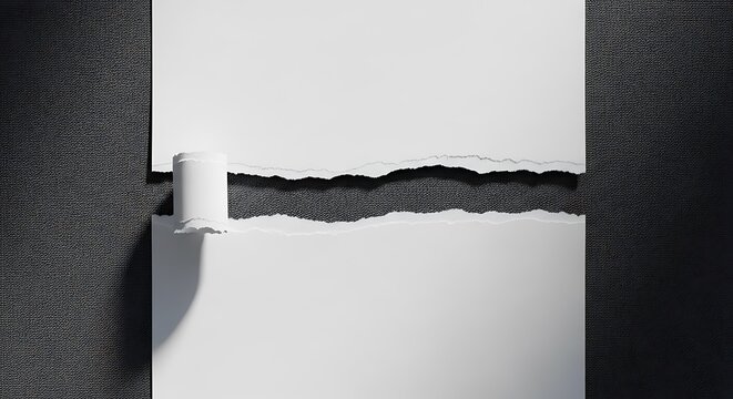 Torn white paper sheets on a dark gray background.