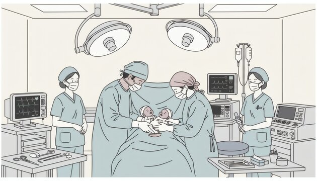 Twin Babies Delivered Through Cesarean Section Illustration