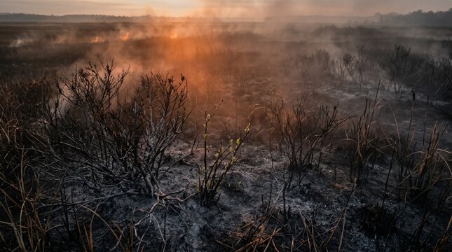 Aftermath of devastating steppe fire, ash ground copy space