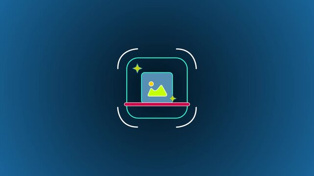 Digital image scanner animation with sparkling effects and red progress bar on blue background. 4k video