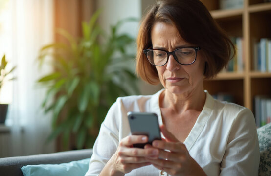 Middle aged woman squints phone screen with glasses. Lady has bad eyesight reading text on smartphone. Woman struggles with vision problem at home. Tired female uses mobile.