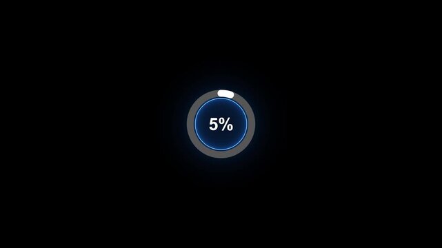 Animated 5 percent loading circle with blue glow on black background. 4k motion video