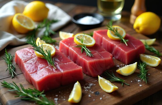Fresh tuna steaks with lemon slices and rosemary sprigs on a wooden board. Ingredients ready for cooking delicious seafood meals. Healthy protein food for culinary art.