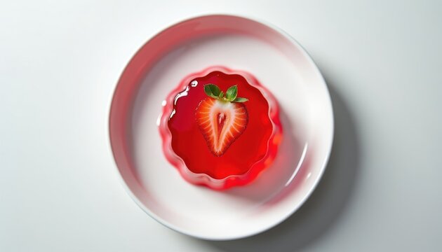 Red strawberry jello dessert sits on white plate. Fresh fruit slice adorns wobbly jelly. Simple, sweet, and refreshing treat for any occasion, perfect summer dish.