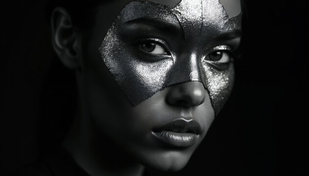 Woman with metallic geometric face paint. Silver mask covers her eyes nose. High contrast studio portrait creates dramatic bold look. Intense gaze conveys mystery confidence.