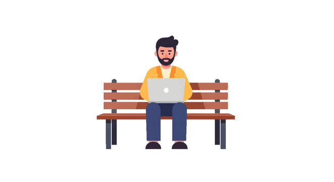Cartoon illustration of a young bearded man casually sitting on a park bench, focused on working or studying with his laptop computer, symbolizing remote work, digital nomad lifestyle, or online