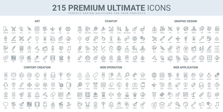 Creative art design, digital startup strategy thin black line icons set vector illustration. Outline symbols of success idea and puzzle solution, plan of project and investment, portfolio and tools