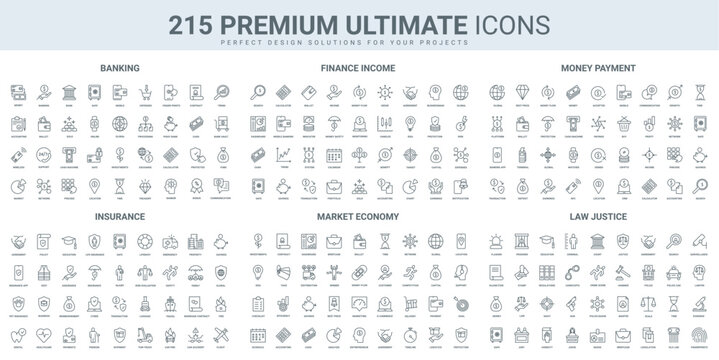 Money payment and transfer, economy, bank credit and deposit thin black line icons set vector illustration. Outline symbols of finance law and justice, accident or business insurance, financial income
