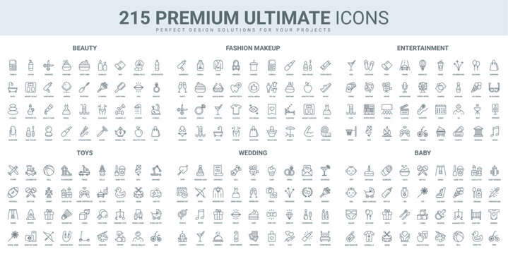 Beauty salon, entertainment and wedding event, baby care thin black line icons set vector illustration. Outline symbols of cosmetics and fashion makeup products, bride and groom, kids toys and game