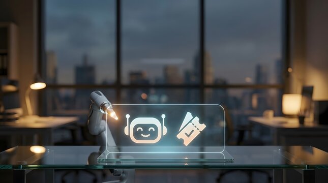 Modern office with digital robot and icons depicting events and ticketing