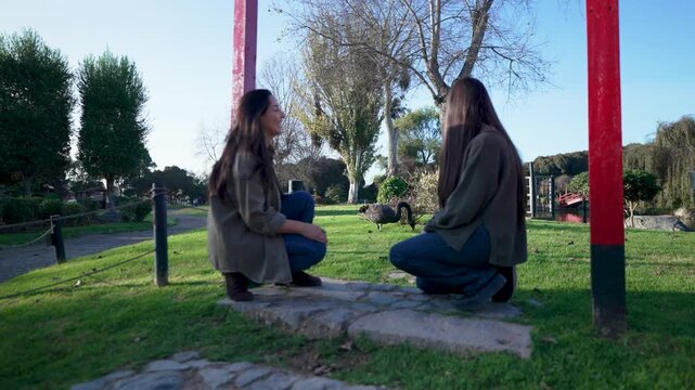 Two beautiful young twin women crouching down and feeding a black goose in a green park