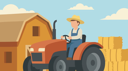 Cartoon farmer drives red tractor on rural farm with barn and hay bales © Texturify