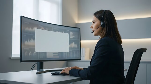 A businesswoman actively working at her desk while wearing a headset, engrossed in her work and interacting with her computer screen