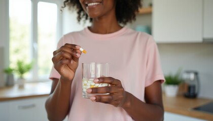 Fototapeta premium African woman takes vitamin pill with water in bright kitchen. Daily healthy routine includes supplements for vitality and wellness. She smiles, feeling good.