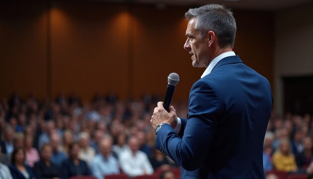Man in suit speaks with microphone to large audience in convention center. Speaker on stage shares ideas, engages crowd, gives lecture. Business presentation, seminar, conference event.