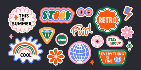 Fototapeta premium Retro sticker pack with groovy typography and y2k aesthetic