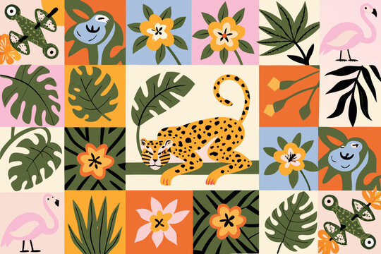 Tropical patchwork illustration with leopard flamingo toucan and foliage