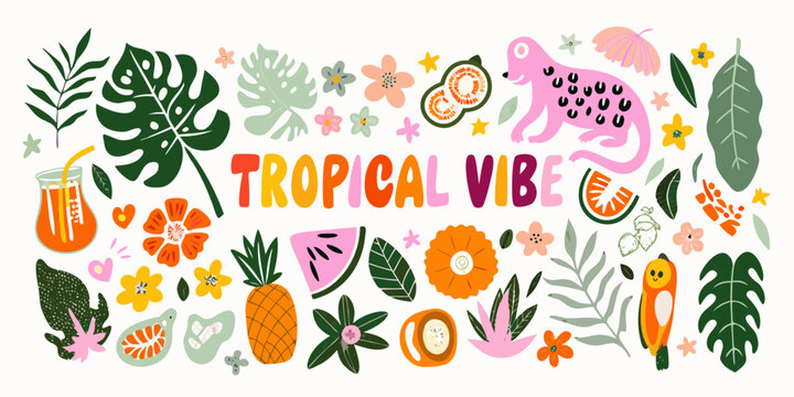 Tropical illustration with leaves fruits and animals on a white background