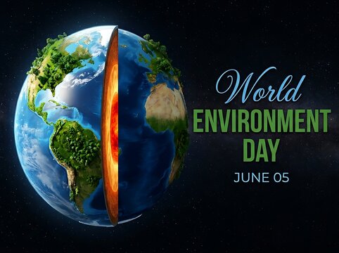 World Environment Day globe with crosssection showing earths layers in space