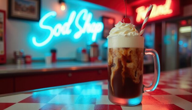 Root beer float with whipped cream and cherry on red checkered counter. Neon Sod Shop sign glows blue in retro diner background. Cold frothy beverage is a sweet nostalgic treat.