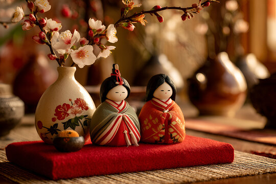Japanese Hinamatsuri dolls with cherry blossom for Girls Day celebration