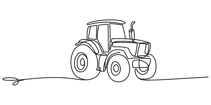 Continuous single line drawing of a farm tractor vehicle used for agriculture and harvesting work in a simple minimalist style illustration