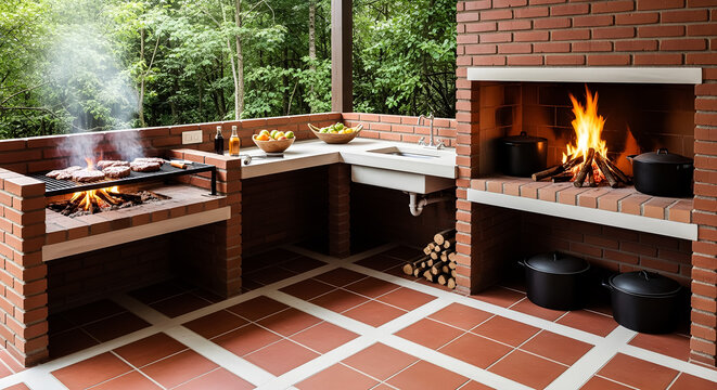 Outdoor kitchen, brick barbecue, patio cooking area, outdoor fireplace