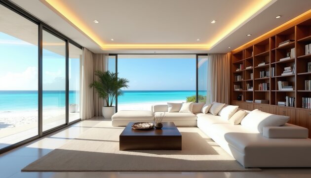 Modern oceanfront living room with large windows framing bright blue sea and white sand beach. Plush white sectional sofa sits opposite wooden bookshelf wall. Natural light fills airy, spacious room.