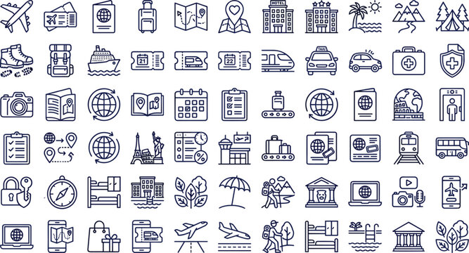 Travel and tourism outline icon set with luggage passport transportation landmarks and vacation planning symbols for app design