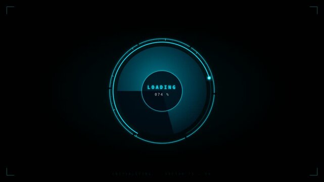 Futuristic digital interface with a vibrant blue circular loading animation, illustrating data processing, system initialization, and tech progress against a dark background