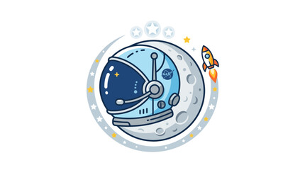 Astronaut Helmet on Moon with Rocket, Outer Space Adventure © leyat