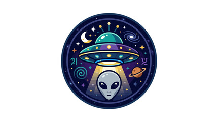 Alien UFO Spaceship with Extraterrestrial Head in Cosmic Galaxy © leyat