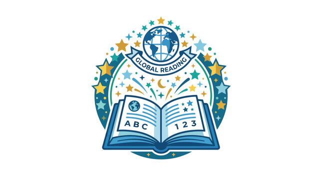 Global Reading Logo: Open Book, Earth, Stars, ABC, 123
