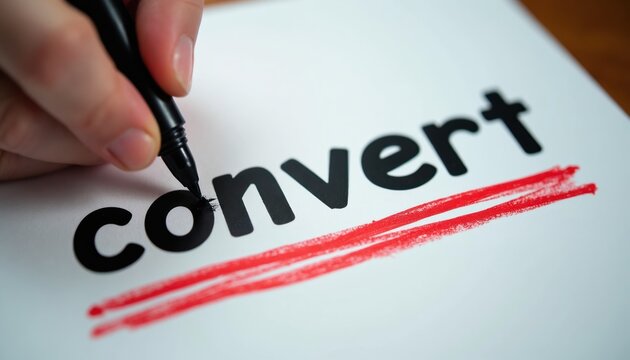 Hand writes word convert with black marker on white paper. Red lines under text indicate correction or change. Action focused on business transformation.