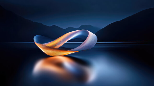 Abstract wavy light trail forming an infinity loop over still water at night, reflecting vibrant orange and blue patterns against dark mountain landscape silhouettes