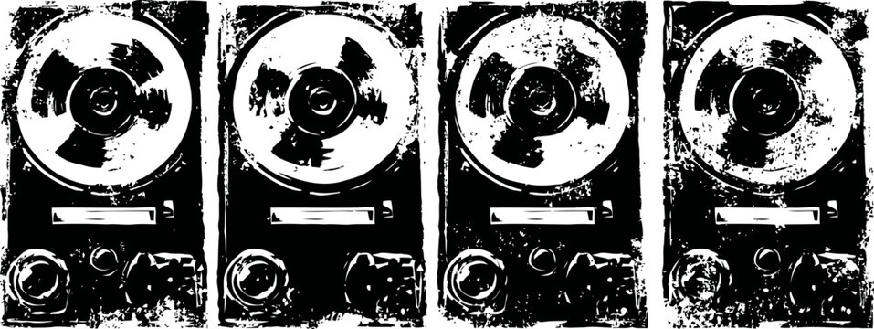 vintage reel to reel tape recorders arranged in a row with worn textures and high contrast
