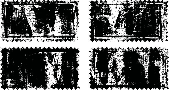 Four vintage grunge postage stamp silhouettes with rough distressed edges and texture
